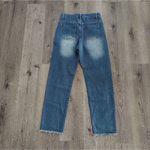 MissLook Women's Jeans Painted Floral Bird Fairy Raw Hem Small Blue - Picture 3 of 7